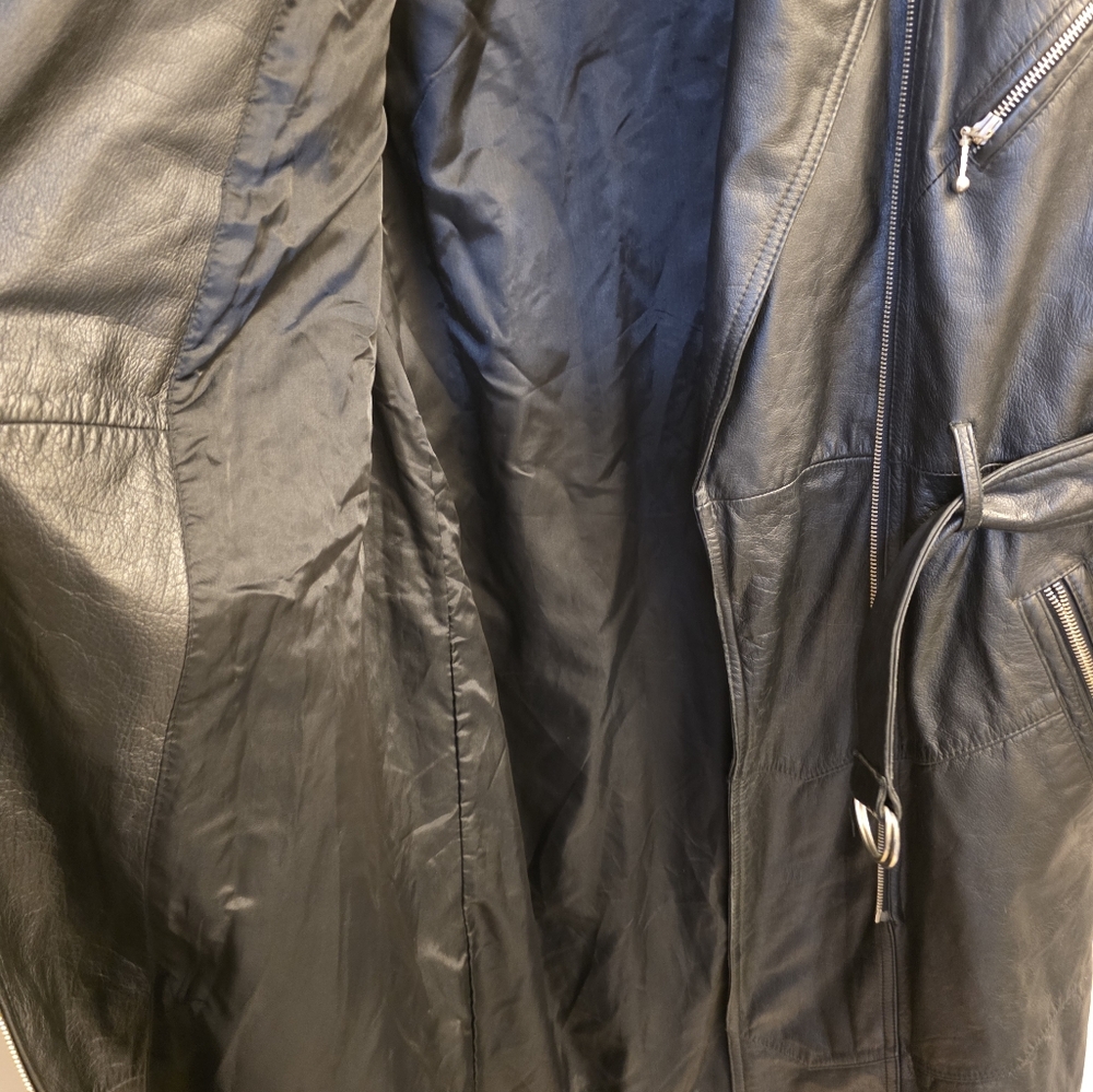 Vintage Korea Long Black Leather Trench Coat Bikers Belted Zippers Punk Medium - Picture 7 of 14